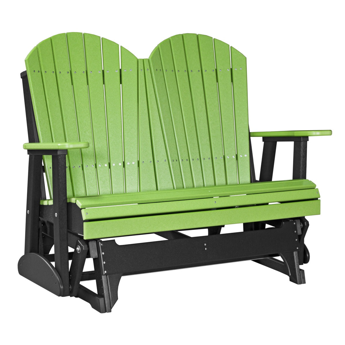 This is a Lime Green and Black colored Adirondack glider bench on a white background.