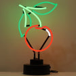 This neon sculpture is shaped like a red cherry with a green stem and two green leaves.