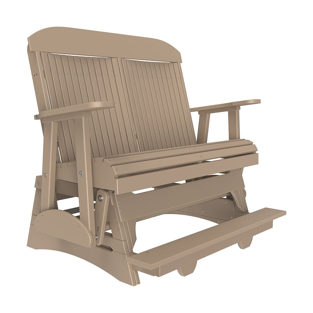 This is the Weatherwood colored classic balcony glider bench on a white background.