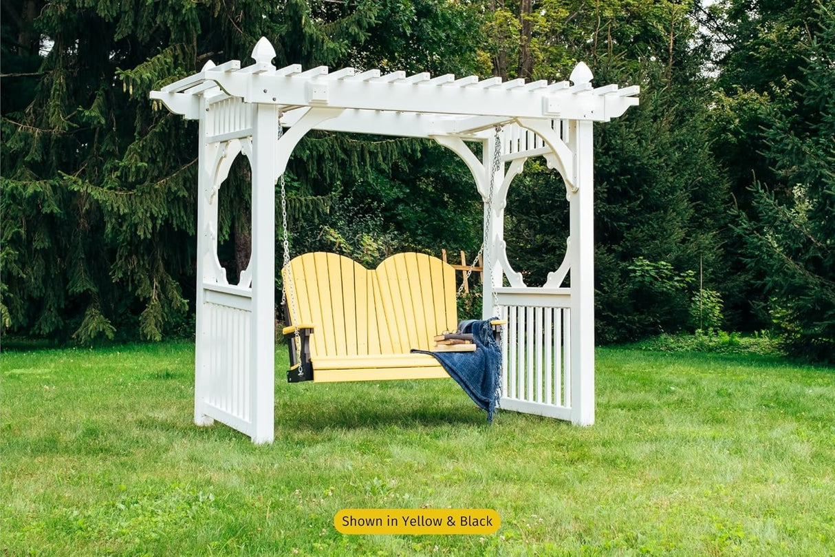 This is a lifestyle image showing off the Yellow and Black porch swing. It's hanging from a White wooden gazebo in a grassy backyard.