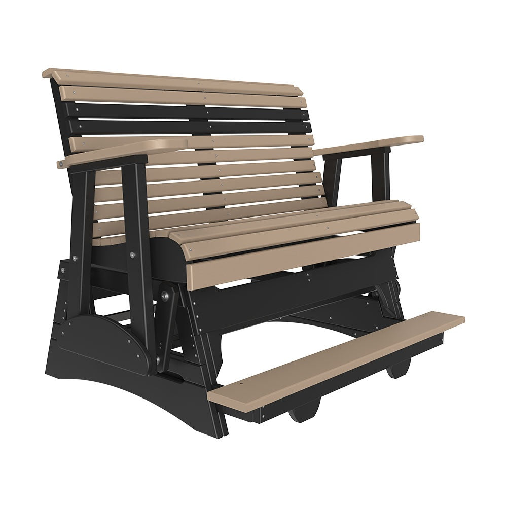 This is the Weatherwood and Black colored glider bench on a white background.