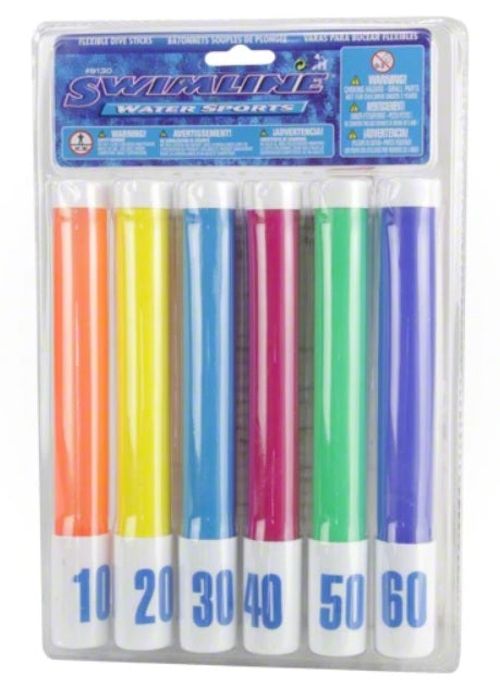 Different colored dive sticks for the pool, bathtub, lake or ocean.