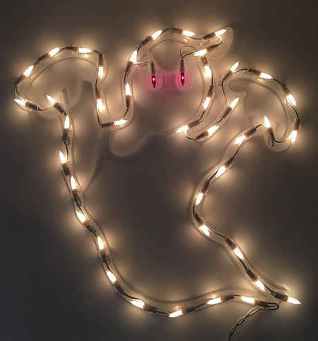 This image shows the ghost silhouette decoration all light up. The body of the ghost is pre-lit with clear mini lights and the two eyes are purple mini lights.