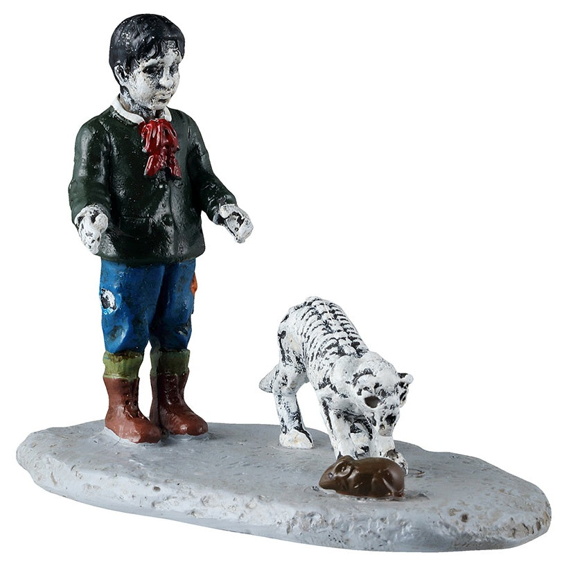 This image shows what this Lemax Spooky Town figurine looks like on a white background. It was designed to look like a young, dead boy wearing a black shirt with a red scarf and ripped blue jeans. He's wearing green socks and brown boots. The boy is looking at a skeleton cat who is looking at a large, brown rat.