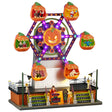 This image shows what this Lemax Spooky Town Sights and Sounds building looks like on a white background. It was designed to look like a carnival-themed Ferris Wheel. The cages are shaped like jack-o-lanterns.