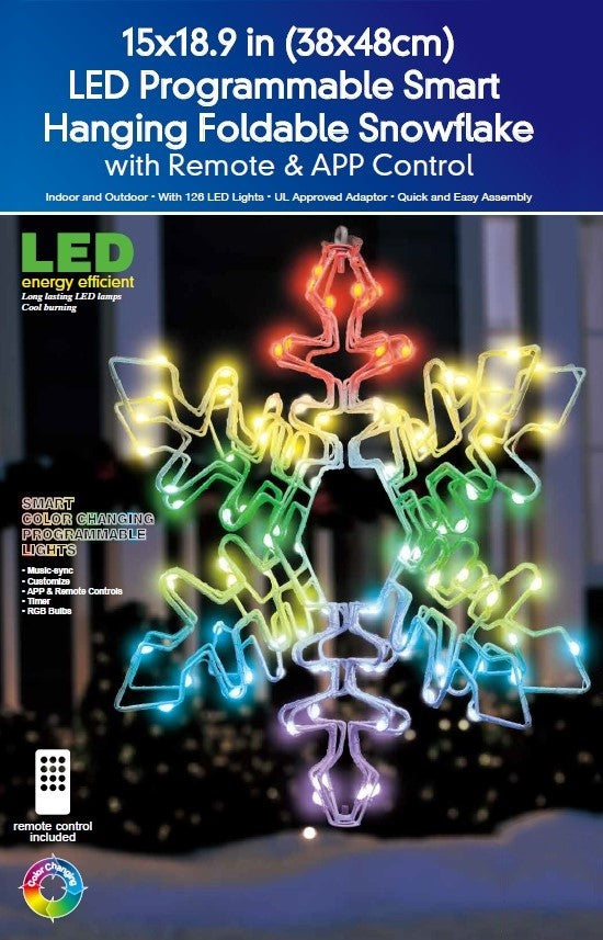 Hanging decoration shaped like a snowflake with a foldable design. Pre-lit with LED lights that can be controlled by an app.