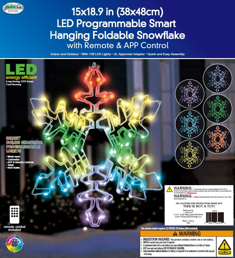 Hanging decoration shaped like a snowflake with a foldable design. Pre-lit with LED lights that can be controlled by an app.