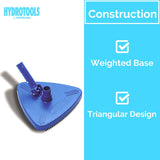 This pool vacuum has a weighted base and a triangular design.