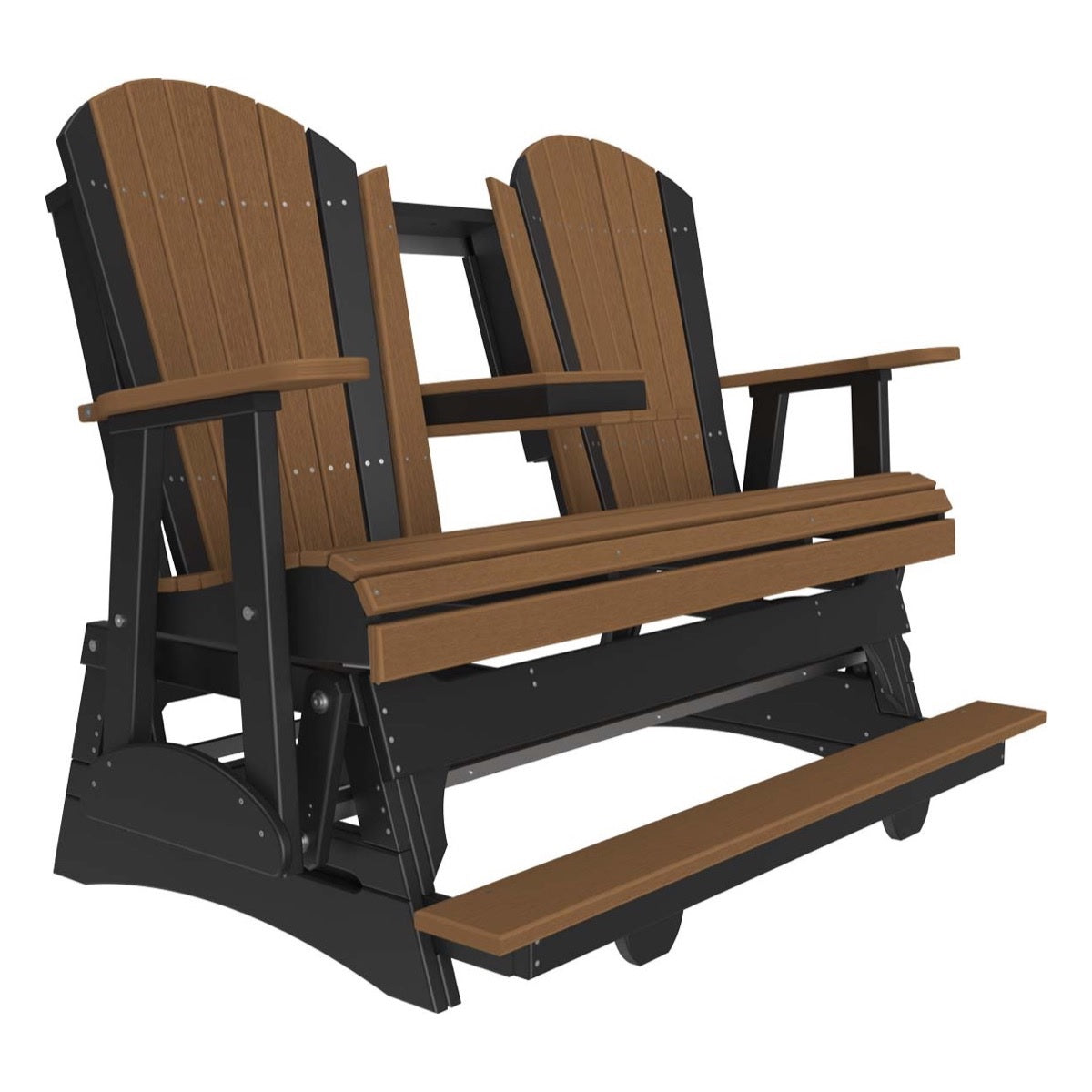 This is an Antique Mahogany and Black colored Adirondack balcony glider bench on a white background.