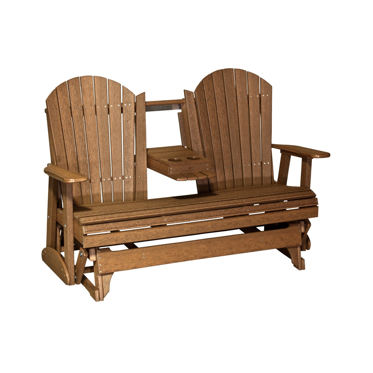This is an Antique Mahogany colored Adirondack glider bench on a white background.