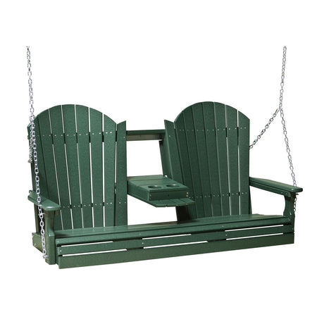 This image shows off the Green colored Adirondack porch swing on a white background.