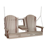 This image shows off the Weatherwood and Chestnut Brown colored Adirondack porch swing on a white background.