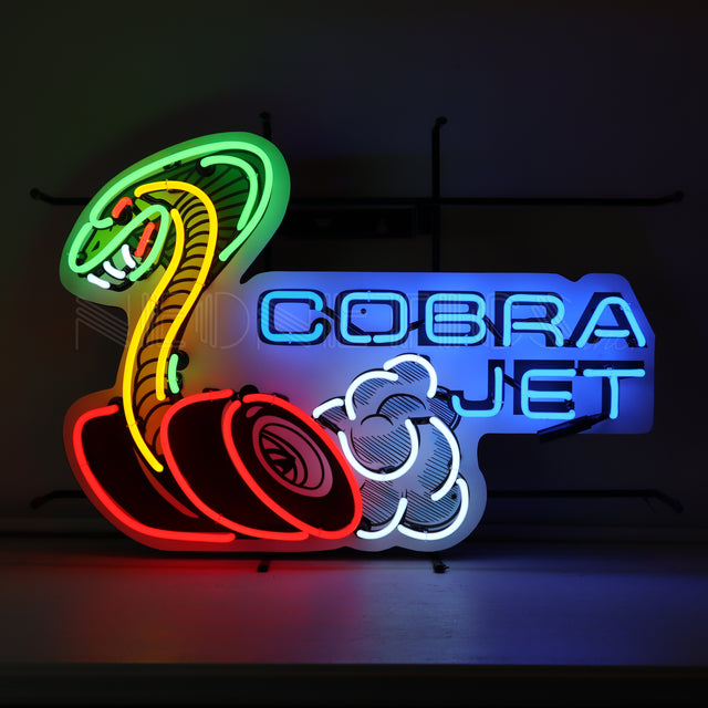 This image shows the neon sign from Neonetics that reads "Cobra Jet." The logo is a green and yellow snake with red eyes and there are two red and black wheels at the end of his body with smoke coming out from the tires.