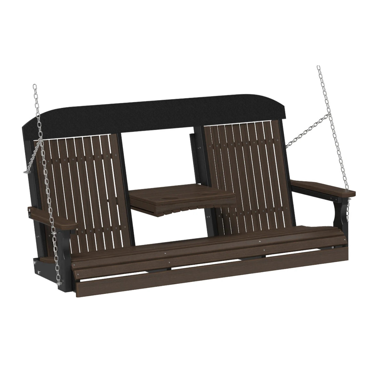 This image shows off the Brazilian Walnut and Black colored Adirondack porch swing on a white background.