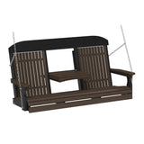 This image shows off the Brazilian Walnut and Black colored Adirondack porch swing on a white background.