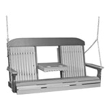 This image shows off the Dove Gray and Slate colored Adirondack porch swing on a white background.