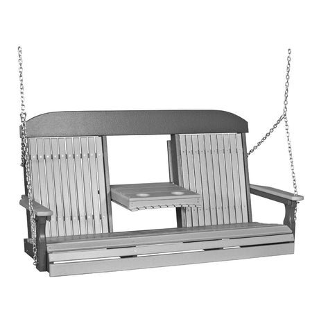 This image shows off the Dove Gray and Slate colored Adirondack porch swing on a white background.