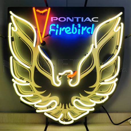 This image shows what this neon sign looks like. It features the Pontiac Firebird logo.