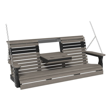 This image shows off the Coastal Gray and Black colored Adirondack porch swing on a white background.