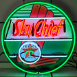 This image shows what this neon sign looks like. It features the Texaco Sky Chief logo.