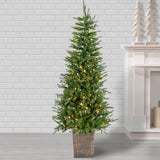 This image shows the tree in a bronze pot with warm white lights on. The tree is on the floor next to a fireplace.