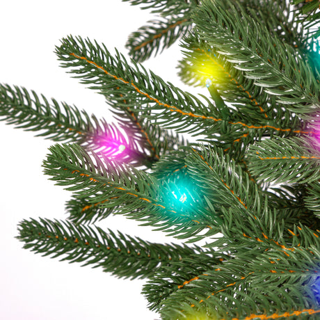 This is an up close view of the branch tips and light bulbs with the lights on. The lights in this image are pastel pink, yellow, teal and blue.
