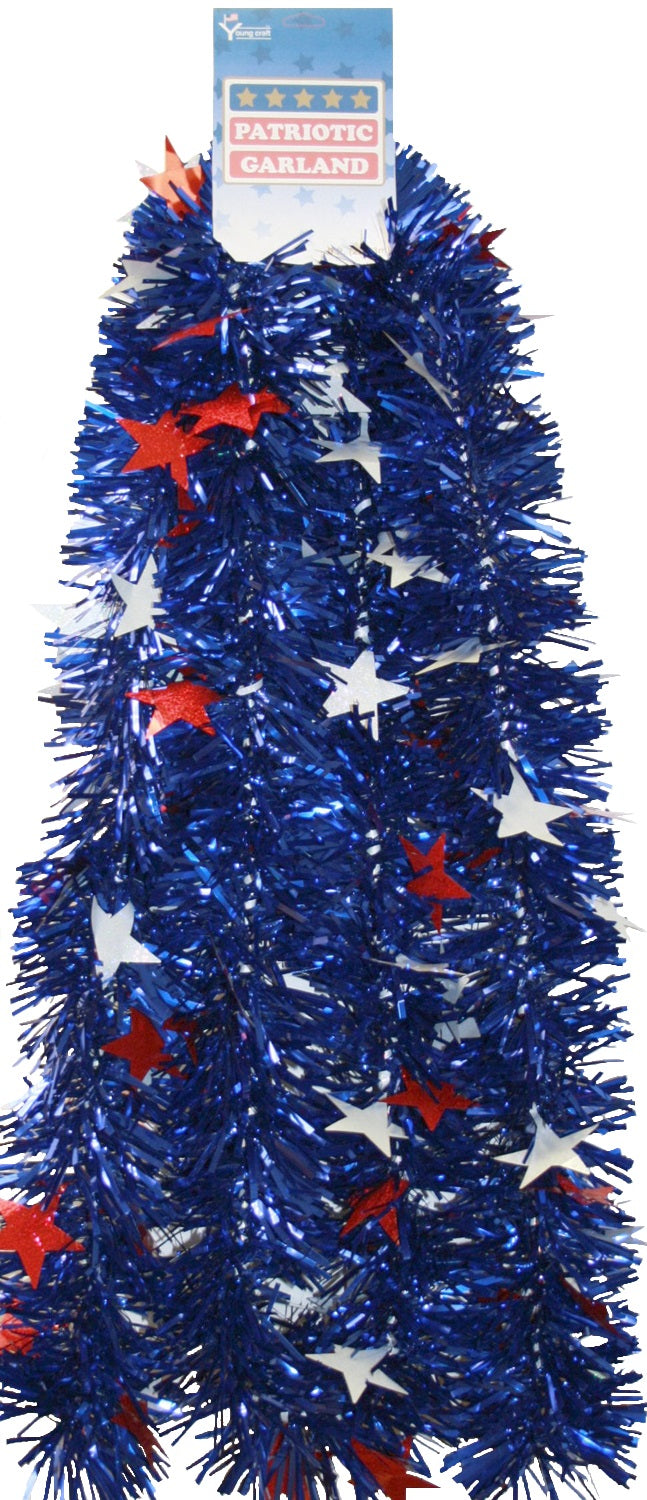 Blue decorating tinsel with red and white tinsel stars.