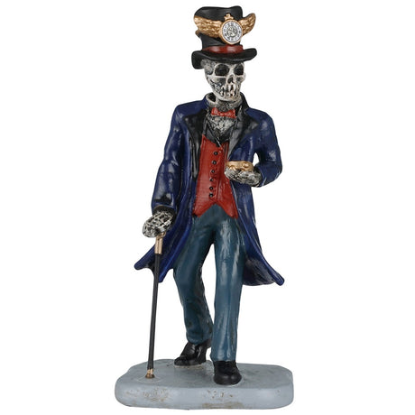 This image shows what this Lemax Spooky Town figurine looks like on a white background. It was designed to look like a skeleton wearing a dark purple coat, a red vest and blue jeans. He's holding a gold pocket watch, a black cane and he's wearing a black top hat with a gold clock on it.