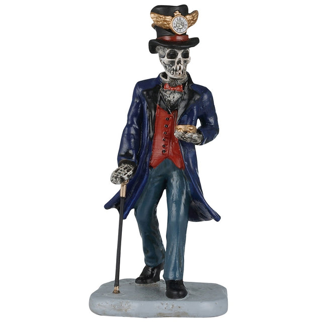 This image shows what this Lemax Spooky Town figurine looks like on a white background. It was designed to look like a skeleton wearing a dark purple coat, a red vest and blue jeans. He's holding a gold pocket watch, a black cane and he's wearing a black top hat with a gold clock on it.