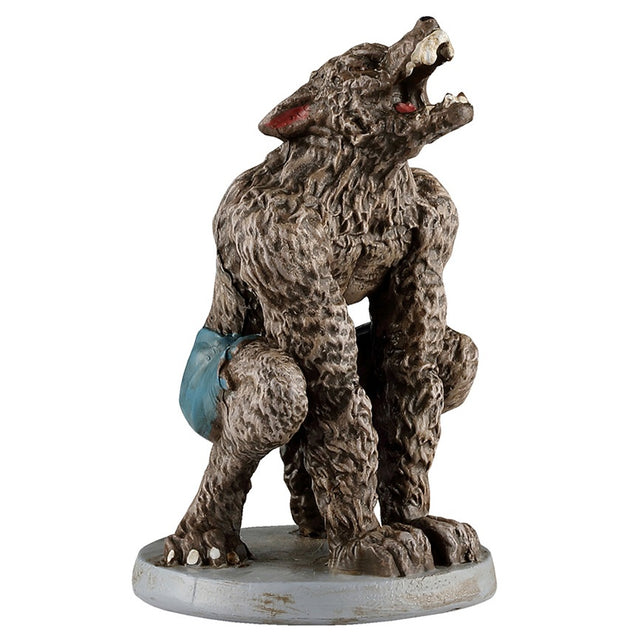 This image shows what this Lemax Spooky Town figurine looks like on a white background. It was designed to look like a werewolf wearing ripped jean shorts. He's hunched over and howling at the sky.
