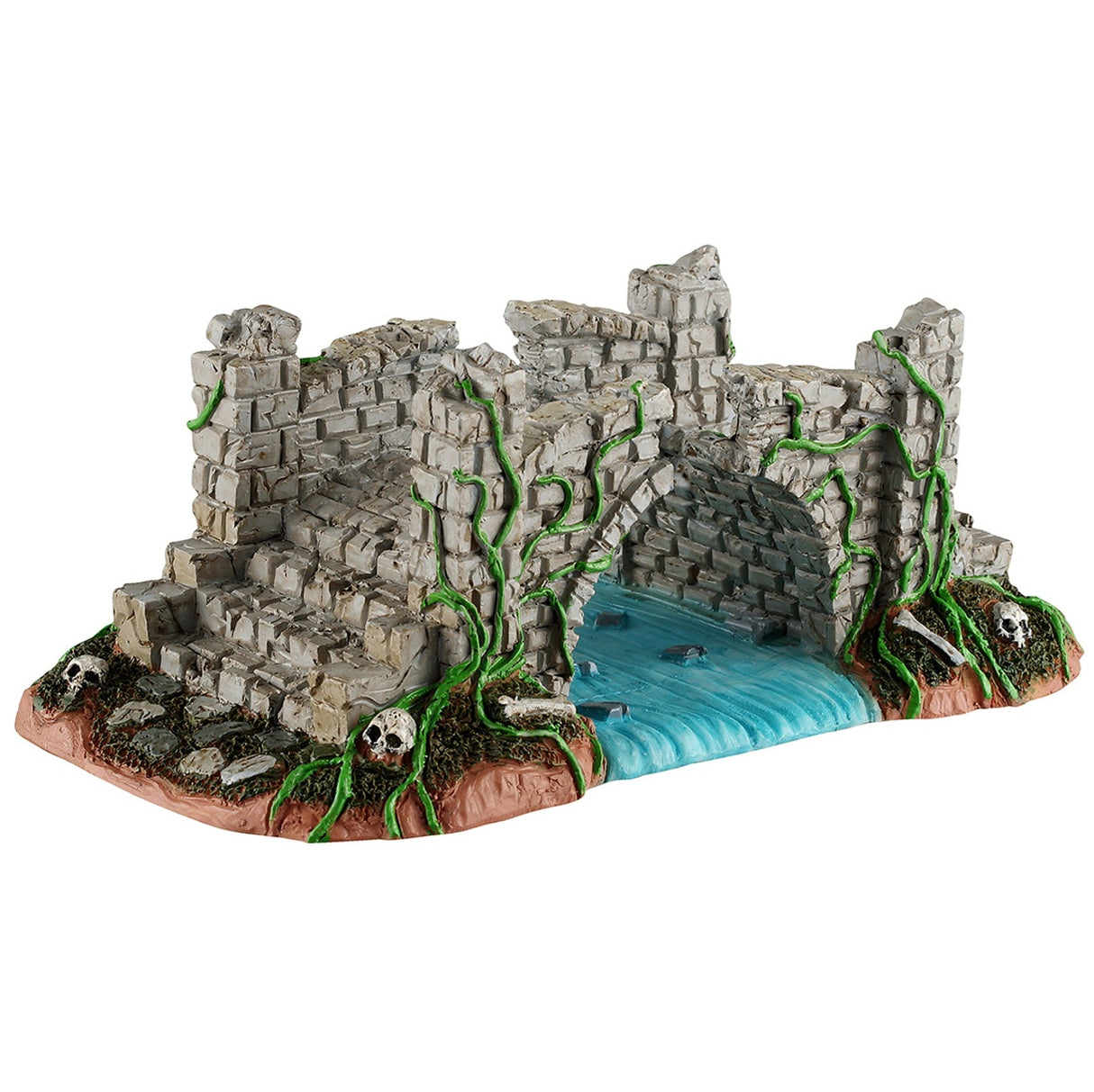This image shows what this Spooky Town table accent looks like on a white background. It's a rundown, gray brick bridge with a gap in the middle. Near the stairs, there are green vines and bones.