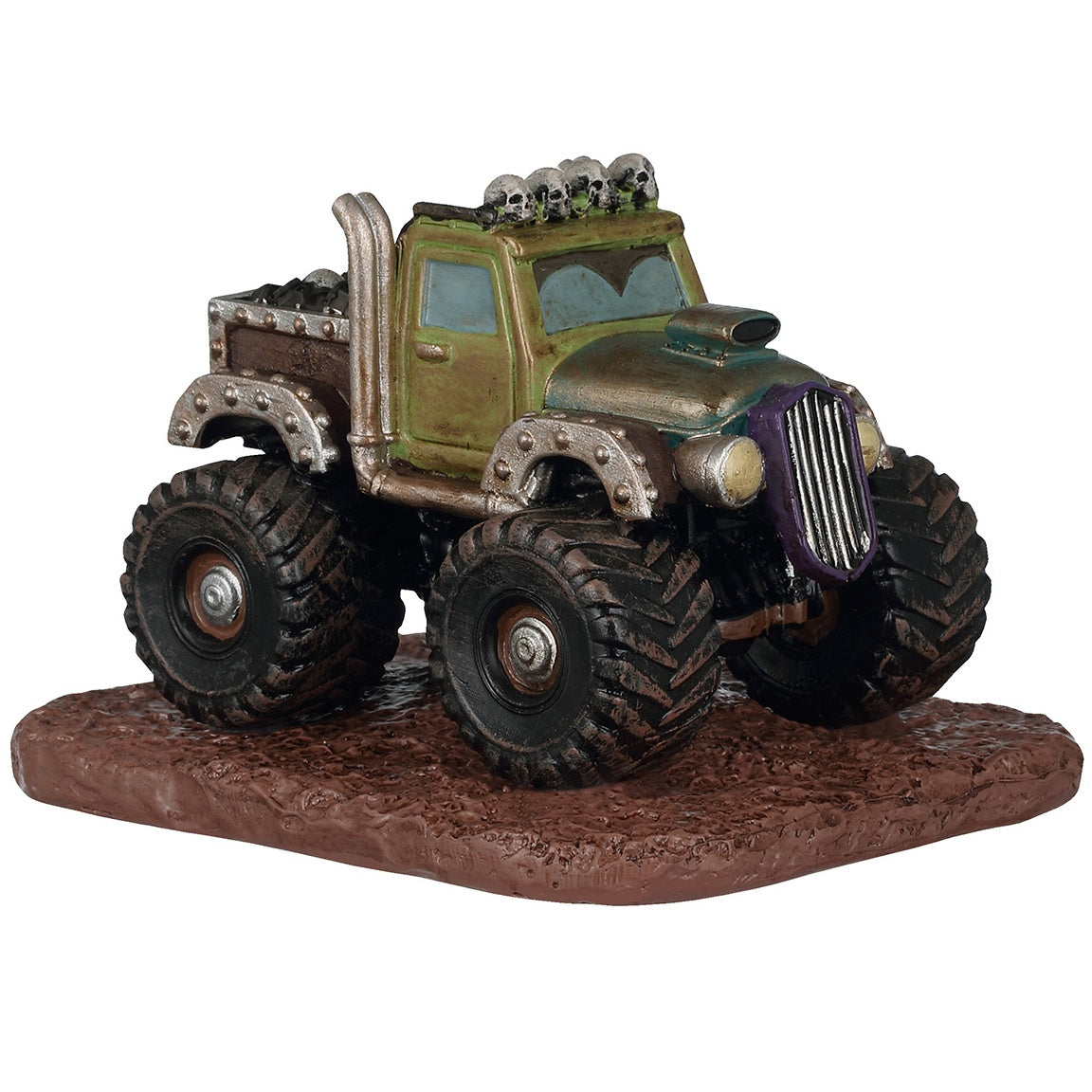 This image shows what this Lemax Spooky Town table accent looks like on a white background. It was designed to look like a monster truck parked in some mud. The roof of the truck is decorated with skulls.