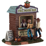 This image shows what this Spooky Town able accent looks like on a white background. It's designed to look like a wooden stall called The Full Moon Bar. There's a werewolf bartender chatting with two werewolf customers. There's a sign off to the side that reads "DRINKS: Bronco Beer, Wolf Whiskey, Blue Jeans Gin." There's a jack-o-lantern on the ground wearing a cowboy hat.