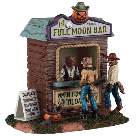 This image shows what this Spooky Town able accent looks like on a white background. It's designed to look like a wooden stall called The Full Moon Bar. There's a werewolf bartender chatting with two werewolf customers. There's a sign off to the side that reads "DRINKS: Bronco Beer, Wolf Whiskey, Blue Jeans Gin." There's a jack-o-lantern on the ground wearing a cowboy hat.