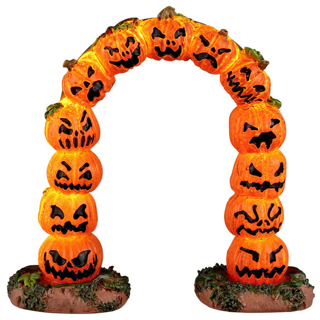 This image shows what this Lemax Spooky Town accessory looks like on a white background. This accessory was designed to look like a tall arch made up of jack-o-lanterns that glow from within. The pumpkins' faces are all different emotions.