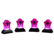 This image shows what these four Lemax Spooky Town accessories look like on a white background. They're designed to look like tombstones that light up with a pink light. The tombstones have a skull and crossbones on them and they read "R.I.P."