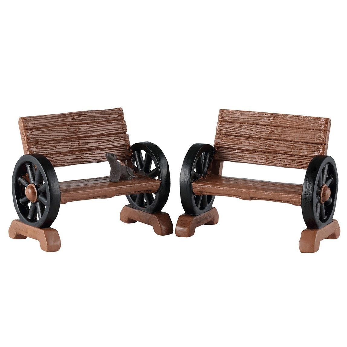 This image shows what these two Lemax Spooky Town accessories look like on a white background. They're designed to look like benches. The arm rests are made out of wheels.