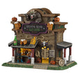 This image shows what this Lemax Spooky Town lighted building looks like on a white background. It was designed to look like a wooden saloon. There are jack-o-lantern accents and large decorative beer bottles and glasses. At the bar, there are two werewolves drinking and chatting with the bartender.
