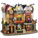 This image shows what this Lemax Spooky Town Sights and Sounds building looks like on a white background. It was designed to look like a large building with lots of clocks and gears. The delivery door is open and you can see bats flying inside. There's a sign on the sidewalk near the front desk that reads "BEWARE The Clocks Keep on Ticking."