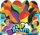 This image shows all the different foam ball options that are available. They're all in a big box. On the side of the box, there's a boy getting ready to throw the ball.