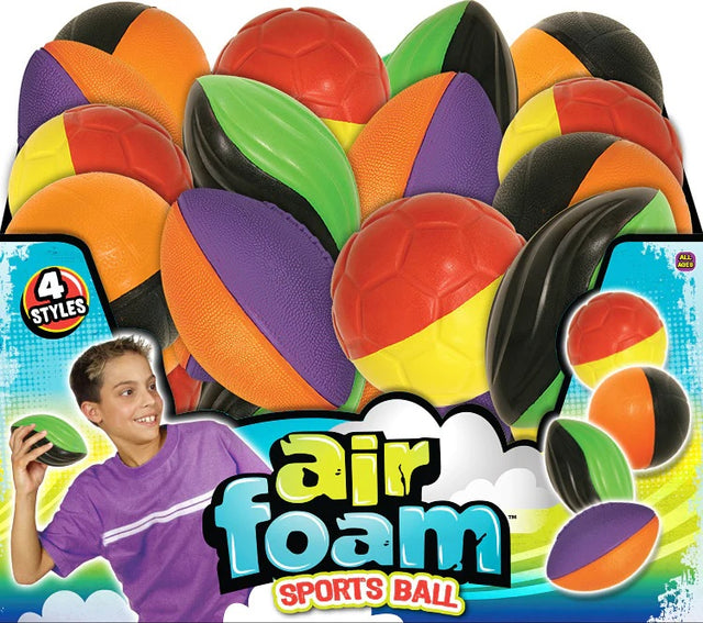 This image shows all the different foam ball options that are available. They're all in a big box. On the side of the box, there's a boy getting ready to throw the ball.