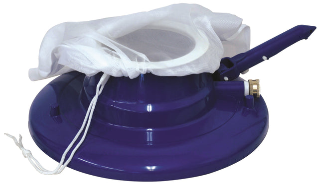 Blue pool vacuum head with a mesh net. The head is blue and the mesh bag is white.