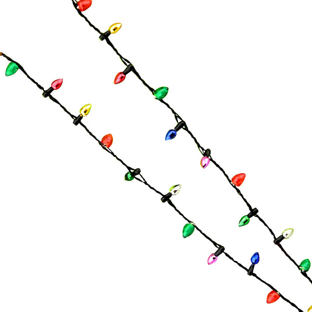 This image shows the necklace on a white background. The necklace is designed to look like a string of multi-colored light bulbs.