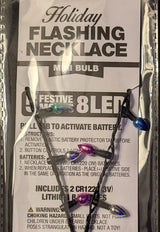 This image shows the back of this necklace's packaging. It reads "Holiday Flashing Necklace Mini Bulb. 5 Festive Modes. 8 LED lights. Pull tab to activate battery."