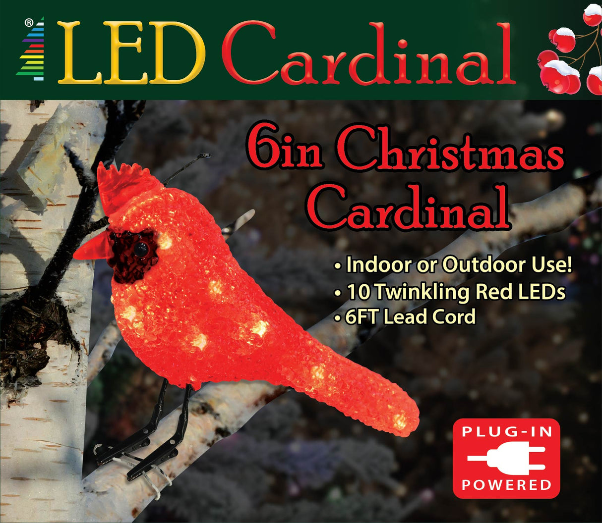 Fake birch tree with pure white LED lights and a red LED cardinal.