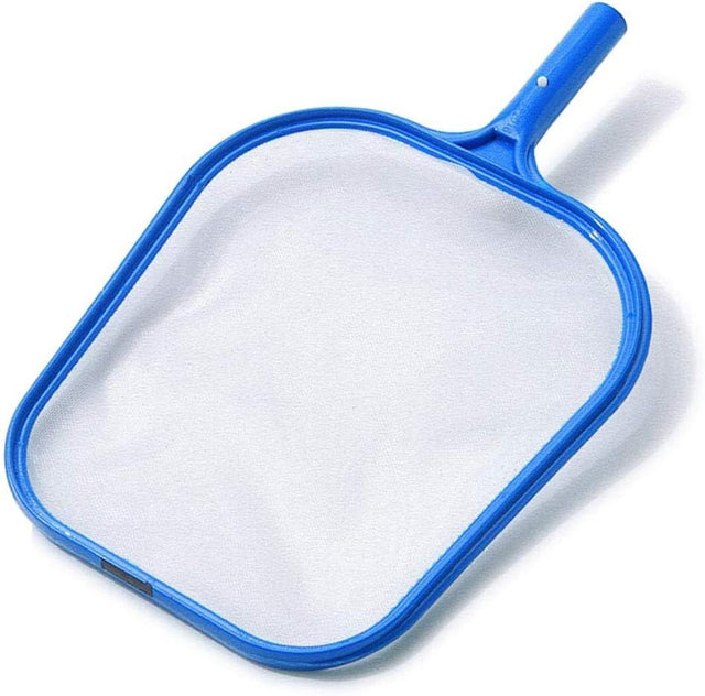 Pool skimmer head. Blue handle, blue border and white mesh net. Skimmer pole is not included.