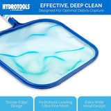Effective deep clean designed for optimal debris capture. This net features a resin safety bumper/border around the net. It has a "scoop-edge" design, uses Hydrotools leading ultra fine mesh and has an extra wide head design.