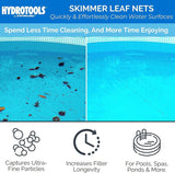 Skimmer leaf nets quickly and effortlessly clean water surfaces. Spend less time cleaning and more time enjoying! This net captures ultra-fine particles, increases filter longevity and was designed for pools, spas, ponds and more. This item shows a dirty pool surface on the left and a clean pool surface on the right.