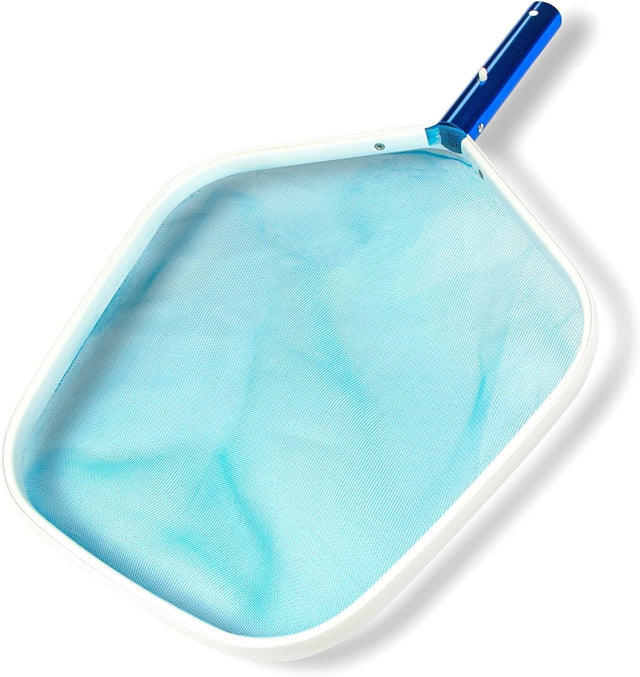 Pool skimmer head. Shiny blue handle, white border and blue mesh net. Skimmer pole is not included.