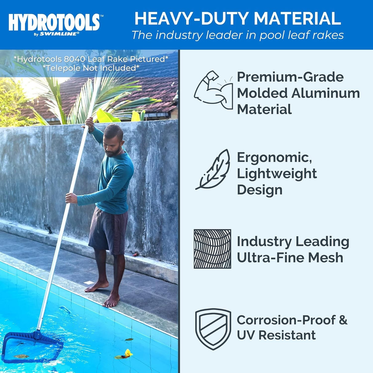 This net is made with heavy-duty material and is the industry leader in premium skimmers. It has a double-reinforced aluminum frame. Features an ergonomic, lightweight design and uses industry leading ultra-fine mesh. The design is corrosion-proof and UV resistant.